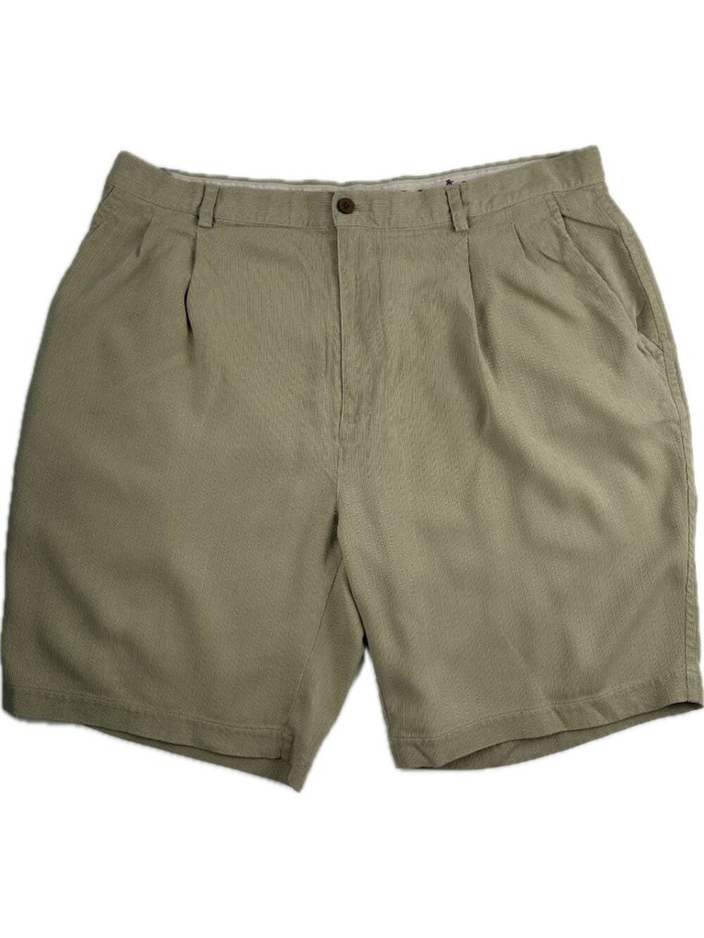 VTG Tommy Bahama 100% Silk Pleated Chino Khaki Shorts Size 40 Inseam 9”